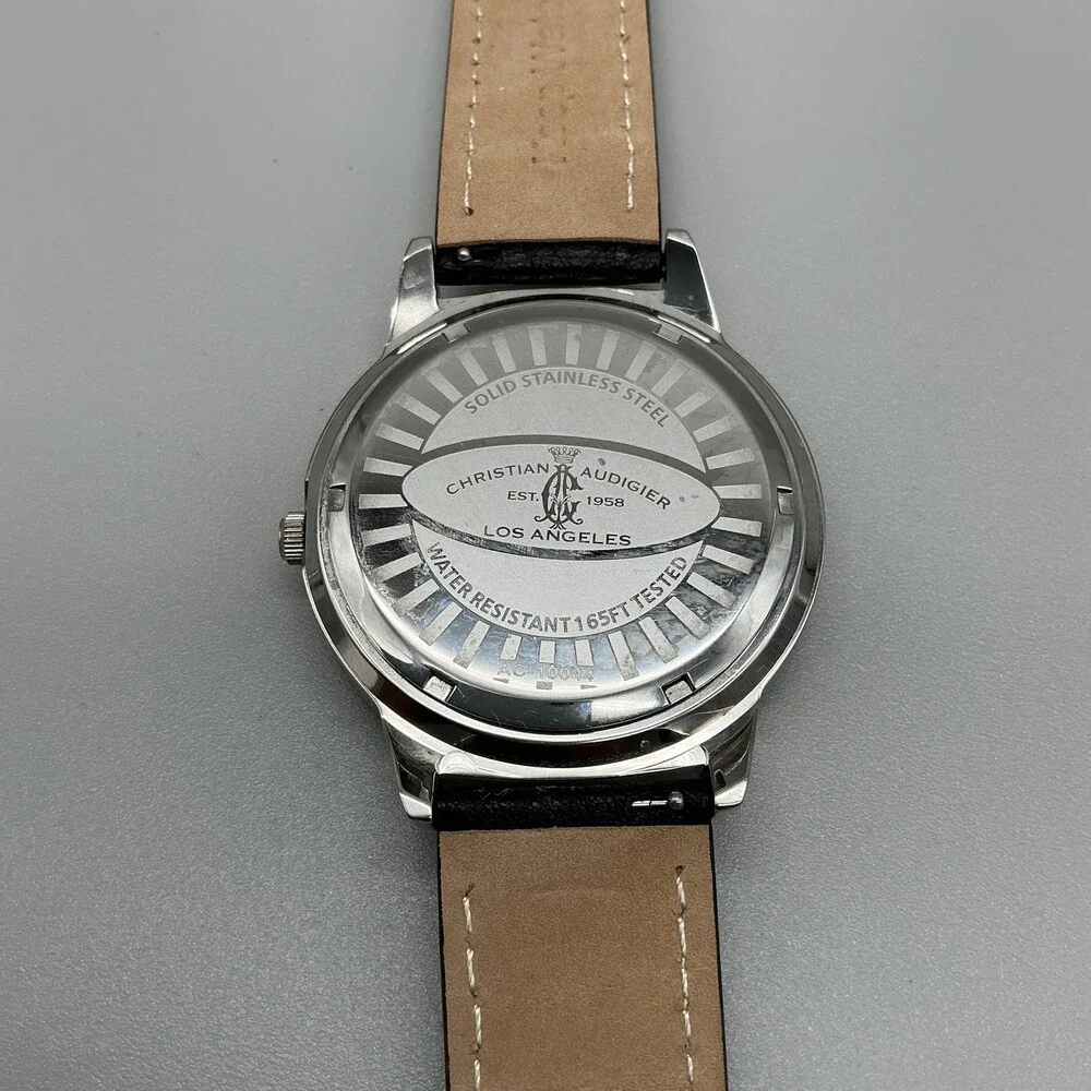 Christian Audigier Mens Watch 46mm Black Red Skull Dial Leather New Battery